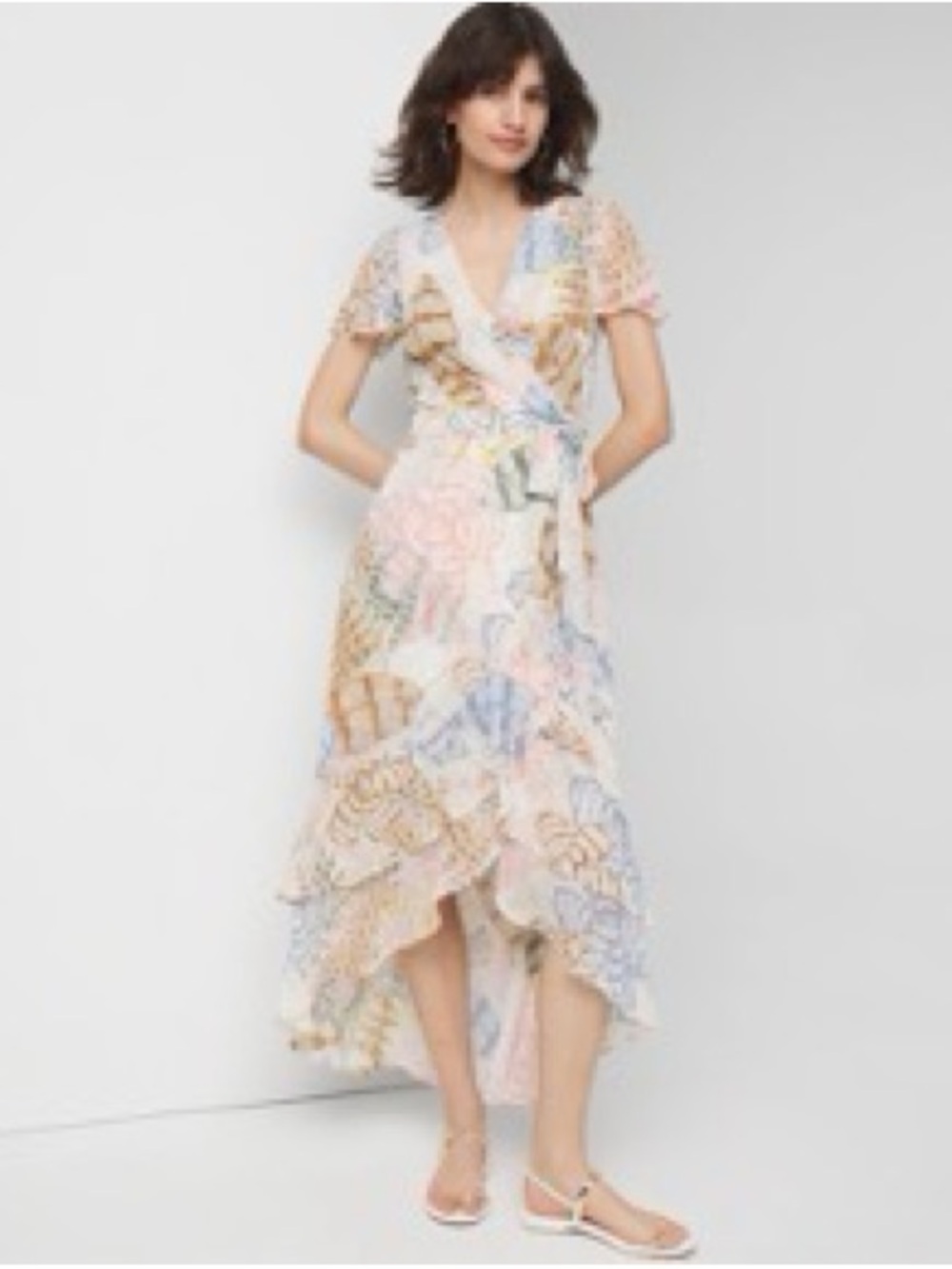 White House Black Market Pastel Flutter Sleeve Floral Wrap Maxi Dress